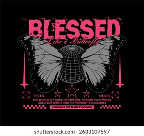 Slogan abençoado com design de rua borboleta urbana com grade globo. Perfeito para camiseta, capuz, adesivo, roupas de rua e mercadorias. Ilustração vetorial