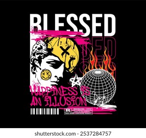 blessed slogan with statue and smile illustration in graffiti style t shirt design, brutalism urban for Apparel, T-Shirts, Streetwear, Hoodies, and More