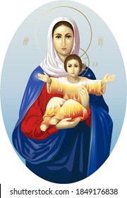 The Blessed Virgin Leushinskaya. Inscriptions in Early Cyrillic alphabet: "Mother of God", "Jesus Christ". Madonna and child. Vector Icon.