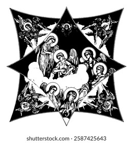 Blessed Virgin Mary and Angels on cross dome with 4 apostles, angels and seraphim. Ink illustration black and white in Byzantine style isolated