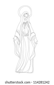  Blessed Virgin Mary in black and white contour drawing