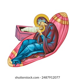 The Blessed Virgin Mary Christmas nativity scene illustration in Byzantine style isolated