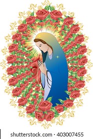 Blessed Virgin Mary in a frame of roses - simple abstract color vector illustration 