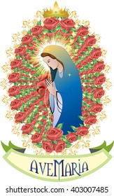 Blessed Virgin Mary in a frame of roses - simple abstract color vector illustration