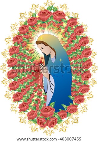 Blessed Virgin Mary in a frame of roses - simple abstract color vector illustration 