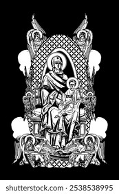 Blessed Virgin Mary and Jesus Christ sitting on throne. Illustration with angels and seraphim in heaven black and white in Byzantine style