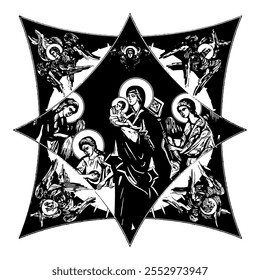 Blessed Virgin Mary with Jesus on cross dome with 4 apostles, angels and seraphim. Ink illustration black and white in Byzantine style isolated