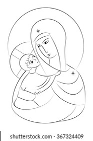 Blessed Virgin Mary Madonna with child icon line drawing