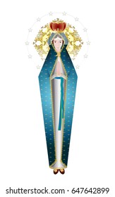 Blessed Virgin Mary - Madonna with a crown, ascension into Heaven. Religious color design.