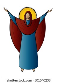 Blessed Virgin Mary Madonna Orante icon abstract color drawing, with hands raised in prayer. Vector illustration.