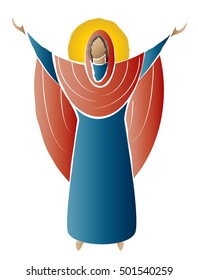 Blessed Virgin Mary Madonna Orante icon abstract color drawing, with hands raised in prayer. Vector illustration.