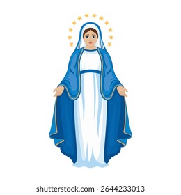 Blessed Virgin Mary, Mother of Jesus vector illustration. Beautiful Virgin Mary icon on a white background. Virgin Mary with stars around her head symbol. Our Lady of Grace in blue dress drawing