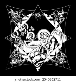 Blessed Virgin Mary on Christmas on cross dome with 4 apostles, angels and seraphim. Ink illustration black and white in Byzantine style isolated