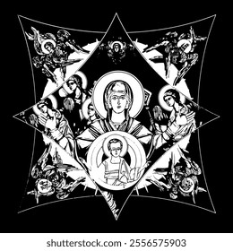 Blessed Virgin Mary on cross dome with 4 apostles, angels and seraphim. Ink illustration black and white in Byzantine style isolated