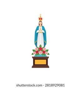 Blessed Virgin Mary Statue Our Lady of Fatima with Praying Hands Crown and Roses Vector Illustration