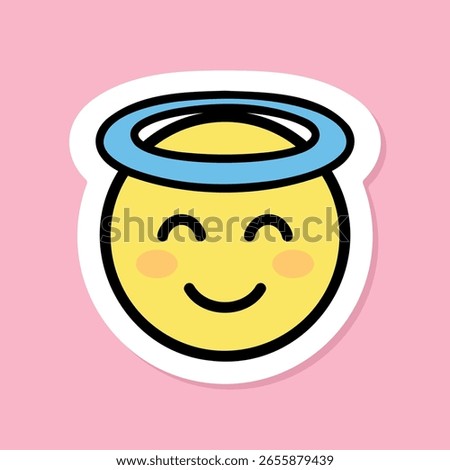 blessing emoji sticker, yellow face with angel halo, black outline, pink background, vector design element
