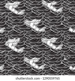 Blessing hand appearing from the clouds. Seamless pattern. Popular decorative motiff in Medieval european art. Element for medieval style illustrations. Black and white. EPS 10 vector illustration