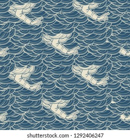 Blessing hand appearing from the clouds. Seamless pattern. Popular decorative motiff in Medieval european art. Element for medieval style illustrations. Retro colors. EPS 10 vector illustration