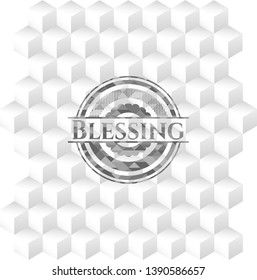 Blessing retro style grey emblem with geometric cube white background