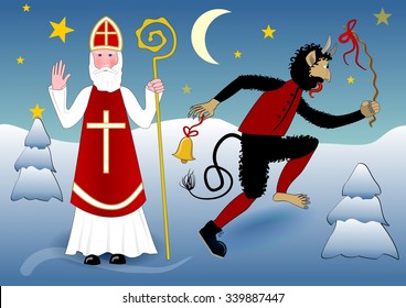 Blessing Saint Nicholas in traditional white clothing with cross, miter, a crosier. Beside him crazy dancing devil with a scourge and bell. Scene in snowy winter evening landscape with moon and stars