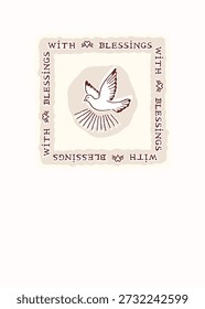 With blessings first baptism card with holy spirit dove motif. Hand drawn vector icon isoalted flat on plain editable background. Christian bible stydy sticker, pentecost, baptise religious greeting
