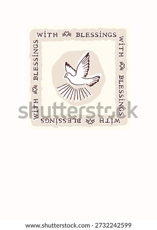 With blessings first baptism card with holy spirit dove motif. Hand drawn vector icon isoalted flat on plain editable background. Christian bible stydy sticker, pentecost, baptise religious greeting