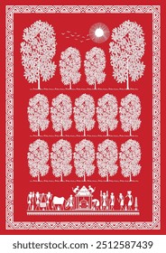 Blessings of Ganesha: A Joyful Warli Scene of Village Worship. Warli Ganpati festival, Warli Krishna painting, Indian folk art Ganpati, Warli religious art, Festival painting. 