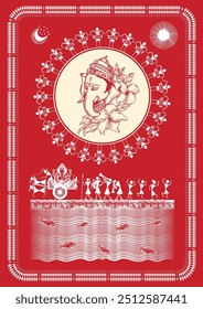 Bendiciones de Ganesha: Una alegre escena Warli de adoración en la aldea. Festival Warli Ganpati, pintura Warli Krishna, arte popular indio Ganpati, arte religioso Warli, pintura Festival. 