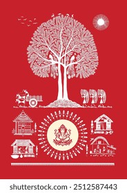 Blessings of Ganesha: A Joyful Warli Scene of Village Worship. Warli Ganpati festival, Warli Krishna painting, Indian folk art Ganpati, Warli religious art, Festival painting. 