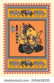 Blessings of the Remover: A Vibrant Madhubani Depiction of Lord Ganesha. Madhubani art.  Lord Ganesha painting India. Hindu god art. Ganesha wall art.