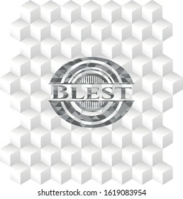 Blest grey emblem. Retro with geometric cube white background