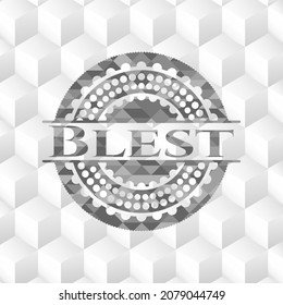 Blest grey emblem. Retro with geometric cube white background. 