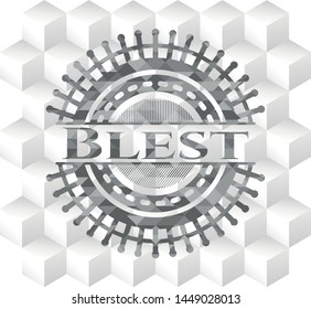 Blest grey emblem. Vintage with geometric cube white background