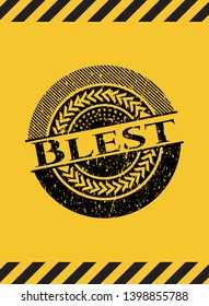 Blest grunge black emblem with yellow background, warning sign. Vector Illustration. Detailed.