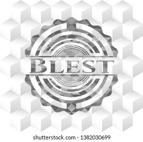 Blest realistic grey emblem with cube white background