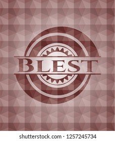 Blest red emblem or badge with abstract geometric pattern background. Seamless.
