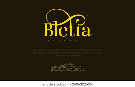 Bletia swash letras elegantes de lujo del alfabeto y números. Antiguas tipografía de boda clásica serif fuente decorativa vintage retro. Ilustración vectorial creativa