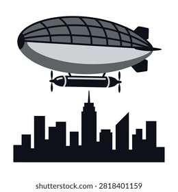 Blimp airship soaring above city skyline with skyscrapers and urban landscape, symbolizing transportation and travel