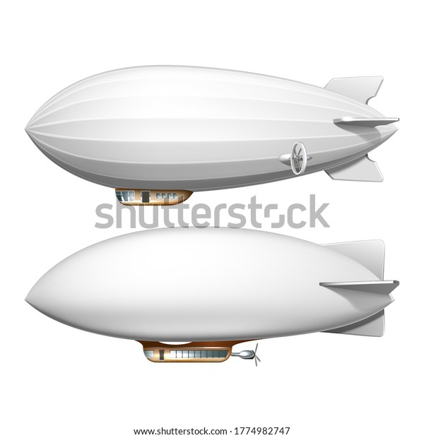 Blimp空のヘリウム飛行船トランスポートセットベクター 旅客航空機 航空機の輸送機 大気圏飛行商用平面テンプレートのリアルな3dイラスト のベクター画像素材 ロイヤリティフリー