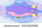 Blimp floating through dreamy sky lofi wallpaper. Vintage airship. Nostalgic adventure, air travel. Steampunk dreamlike 2D cartoon flat illustration. Vector art image lo fi aesthetic color background