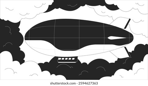 Blimp floating through dreamy sky lofi illustration outline. Vintage airship. Nostalgic adventure, air travel. Steampunk dreamlike 2D ink linear flat lo fi drawing. Vector line art aesthetic wallpaper