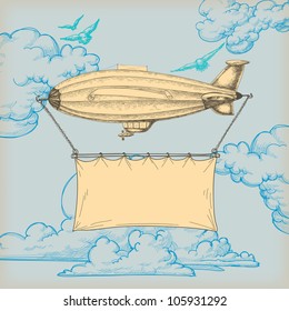 Blimp flying banner for text over blue sky retro background