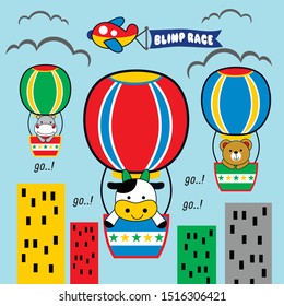 blimp race by cute animals, cartoon vector illustration
