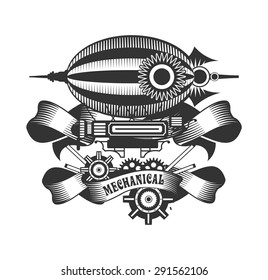 blimp style steam punk black and white badge on a white background