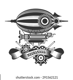 blimp style steam punk black and white badge on a white background