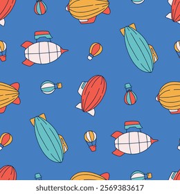 Blimp Zeppelin Balloon Vine Vector Seamless Pattern illustration for Print, Wallpaper, Decoration.