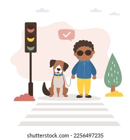 Blind african american boy with guide dog standing on pedestrian crossing. Traffic light, warning signal. Little child follows rules of road with help of pet. Law abiding citizen. vector illustration