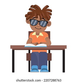 Niño africano americano ciego leyendo libro braille con las manos. Joven con problemas visuales en gafas negras. Ilustración vectorial plana de color.