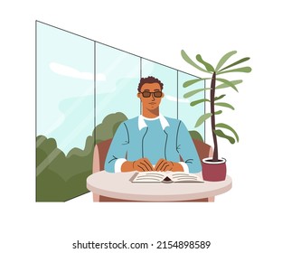 Blind african american man reading braille book with hands. Young visually impaired person in black eyeglasses. Colored flat vector illustration