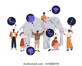 Blind, blindfold people touching elephant parable story. Philosophy concept of different viewpoints, interpretations, opinions, judgments. Flat graphic vector illustration isolated on white svg